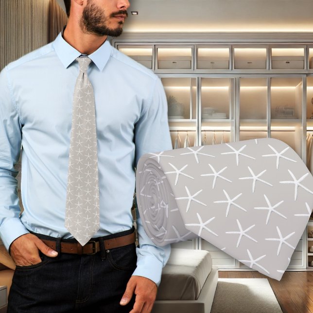 Neutral Light Taupe Starfish Gemustert Grooms Kraw Krawatte (Von Creator hochgeladen)