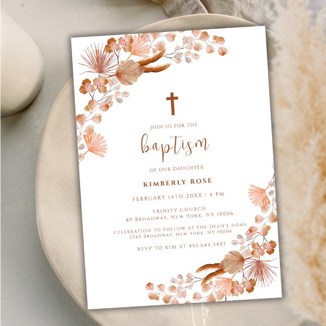 Neutral Little Wildblume Boho Cross Taufe Einladung (Neutral Little Wildflower Boho Cross Baptism Invitation)