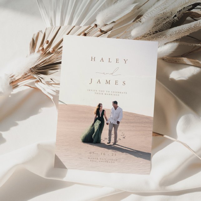 Neutral Minimalistisch Chic Script Foto Wedding In Einladung (Von Creator hochgeladen)