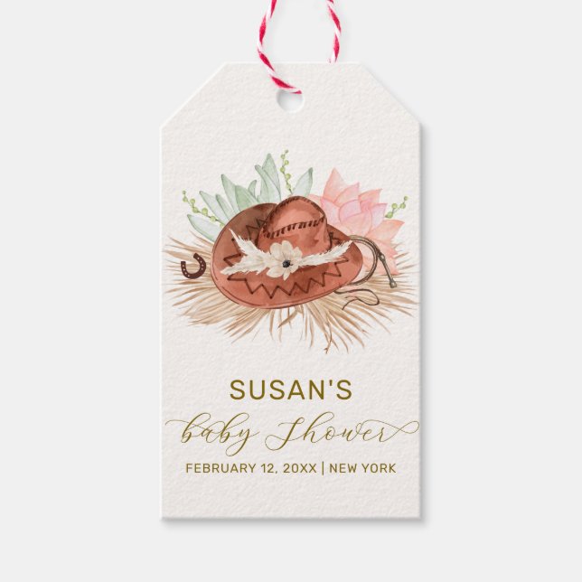 Neutral Modern Boho Cactus Cowboy Hat Baby Shower Geschenkanhänger (Vorderseite)