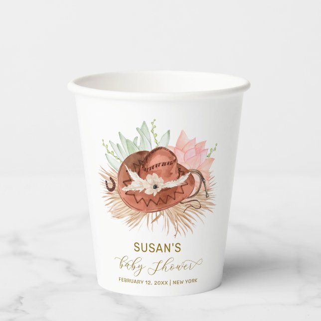 Neutral Modern Boho Cactus Cowboy Hat Baby Shower Pappbecher (Vorderseite)