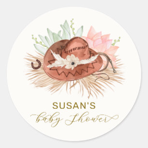 Neutral Modern Boho Cactus Cowboy Hat Baby Shower Runder Aufkleber