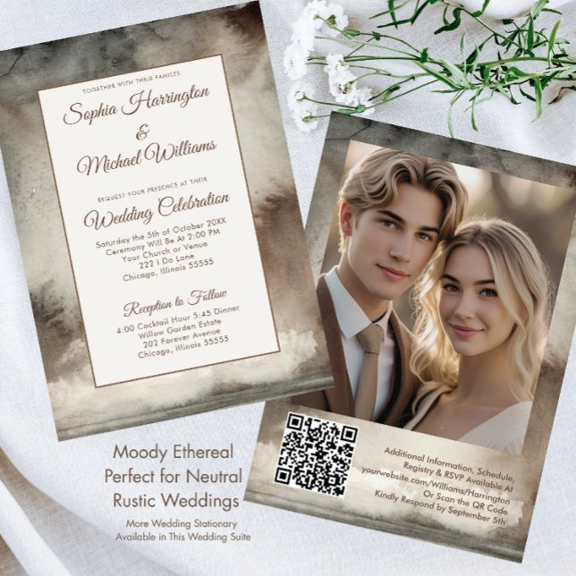 Neutral-Moody-Hochzeitvorlage QR-Code Wasserfarbe Einladung (Von Creator hochgeladen)