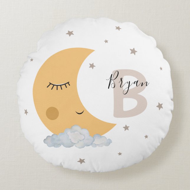 Neutral Moon Nursery Pillow with Custom Name Beige Rundes Kissen (Vorderseite)