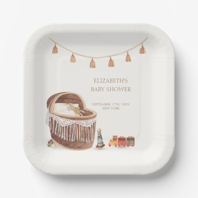 Neutral Niedlich Boho Bassinet Toy Baby Shower Pappteller (Vorderseite)