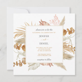 Neutral Palm and Pampas Flower Decor Wedding Einladung