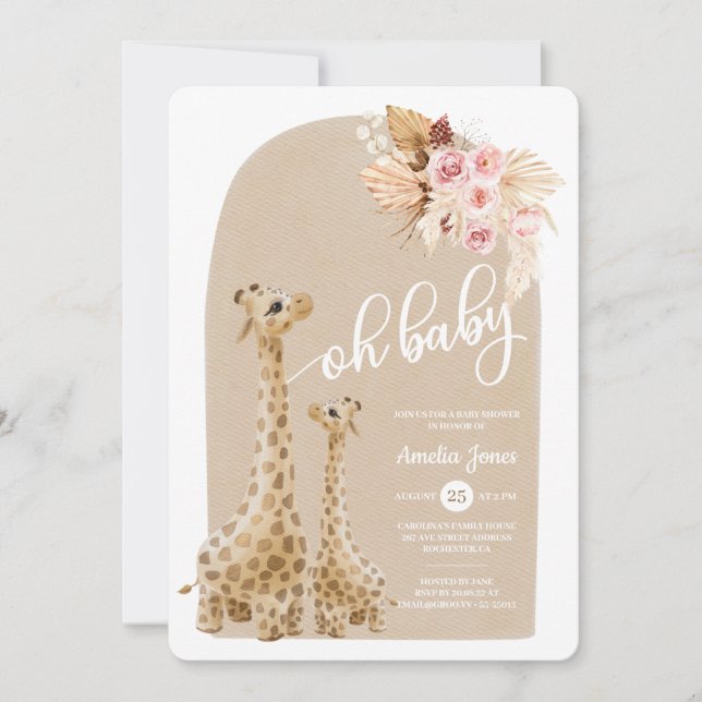 Neutral Pampas Grass Giraffe Baby Shower Invitati Einladung (Vorderseite)