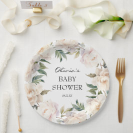 Neutral Peony Wreath Garden Baby Shower Pappteller