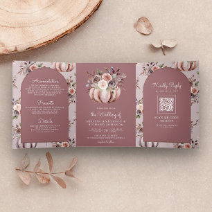 Neutral Pumpkin Floral QR Code Dusty Rose Hochzeit Dreifach Gefaltete Einladung
