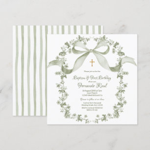 Neutral Sage Green Baptism Elegantes französisches Einladung
