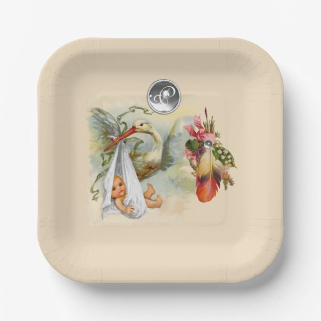 NEUTRAL STORK BABY DUSCHE WEISS GEMSTONE MONOGRAM PAPPTELLER (Vorderseite)