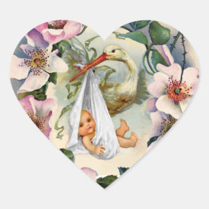 NEUTRAL STORK BABY SHOWER PINK WILD ROSE KROWN Herz-Aufkleber