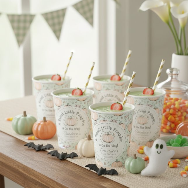 Neutral Sweet Little Pumpkin Baby Shower Pappbecher (Cute Pastel Green Little Pumpkin Fall or Halloween Baby Shower Party Paper Cups. Gender Neutral )
