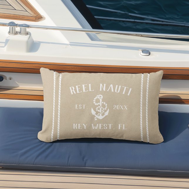 Neutral Tan Beige Personalisiert Boat Name Anchor Kissen Für Draußen (Von Creator hochgeladen)