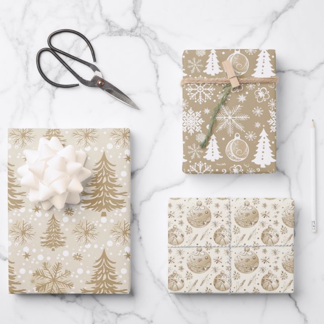 Neutral Tan Festive Weihnachtsbilder Geschenkpapier Set (Vorderseite)