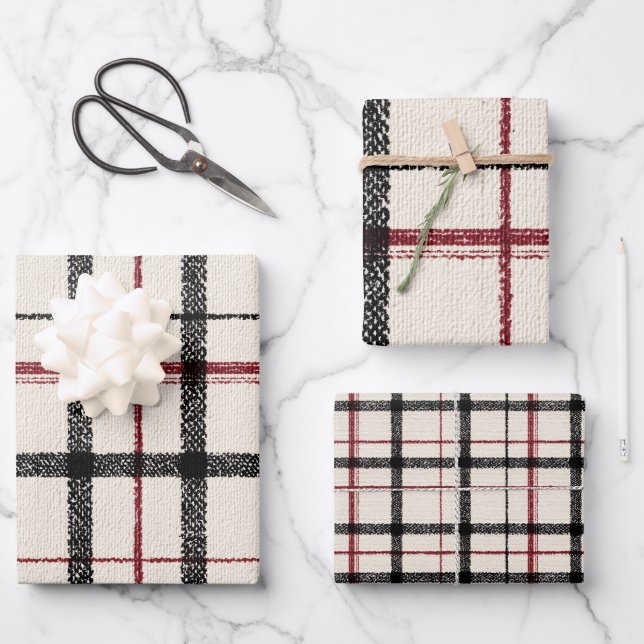 Neutral tartan white black and red geschenkpapier set (Vorderseite)