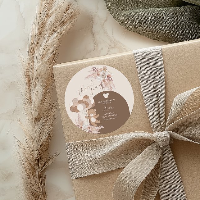Neutral Teddy Balloon Floral Baby Shower Thank You Runder Aufkleber (Von Creator hochgeladen)