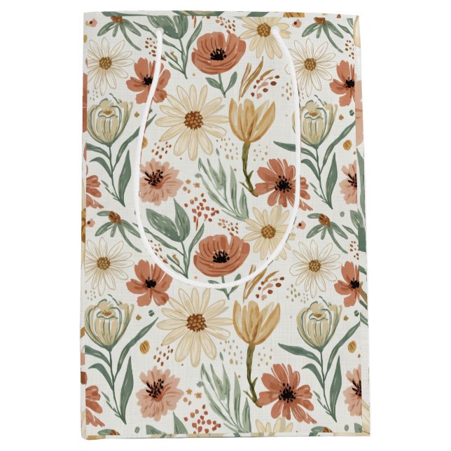 Neutral Terracotta Daisy und Poppy Floral Muster Mittlere Geschenktüte (Vorderseite)