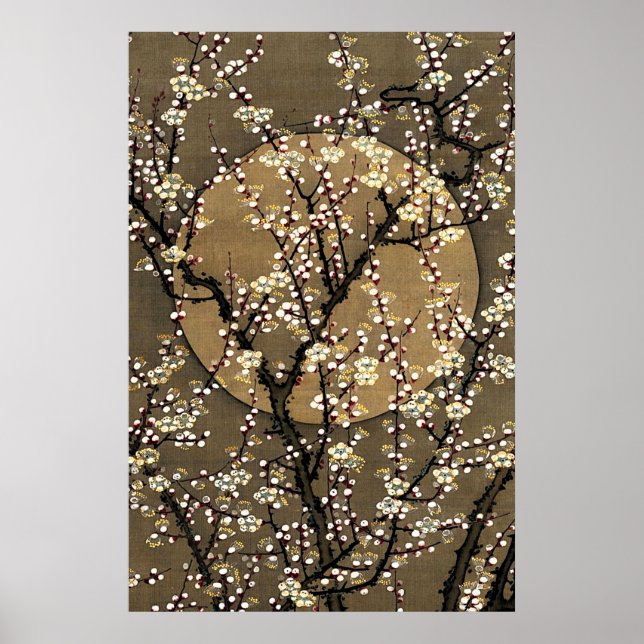 Neutral Tone Full Moon Cherry Blossom Design Art Poster (Vorne)