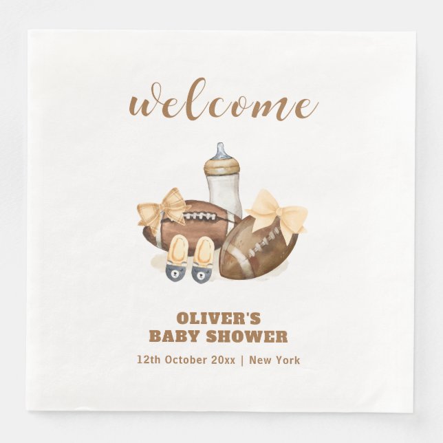 Neutral Touchdown Football Baby Shower Welcome Serviette (Vorderseite)