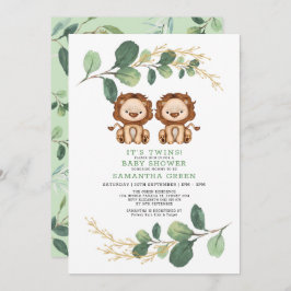 Neutral Twin Lion Greenery Gold Jungle Baby Shower Einladung