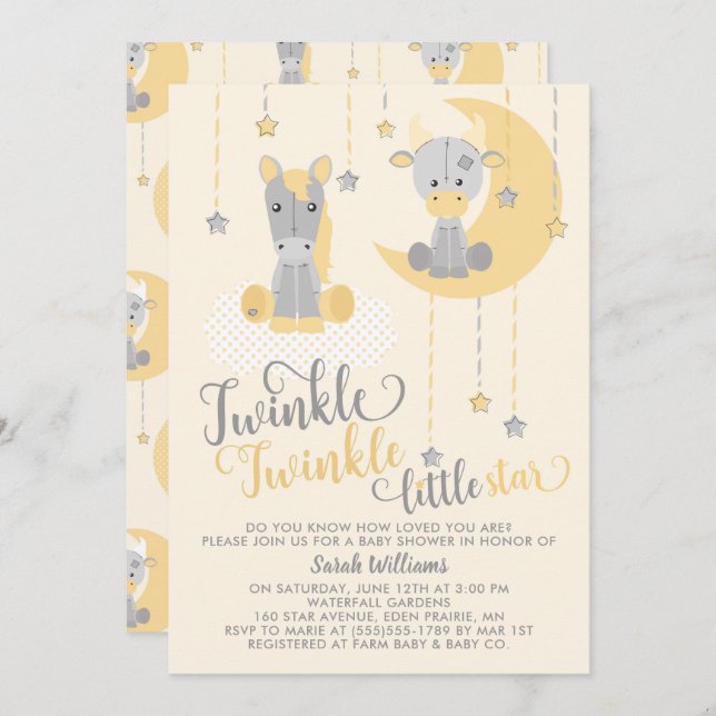 Neutral Twinkle Little Star Animals Baby Dusche Einladung (Vorne/Hinten)