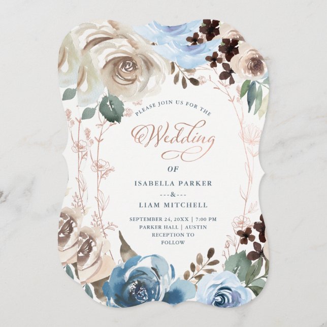 Neutral und blau | Imitats Rose Gold Wedding Einladung (Vorne/Hinten)