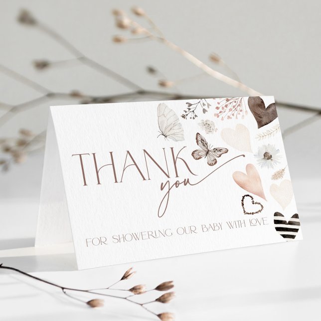 Neutral Valentines Baby Shower Butterly Thank You Dankeskarte (Thank You Card with hearts and Butterfly)