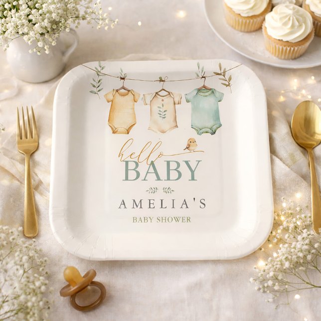 Neutral Watercolor Baby Clothesline Baby Shower Pappteller (Neutral Watercolor Baby Clothesline Baby Shower Paper Plates)