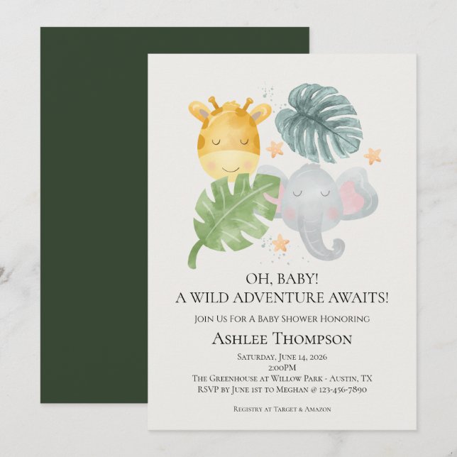 Neutral Watercolor Jungle Animals Baby Shower Einladung (Vorne/Hinten)