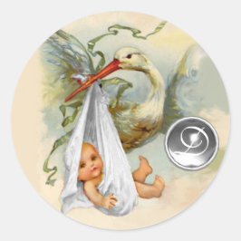 NEUTRAL WHITE STORK BABY DUSCHE GEMSTONE MONOGRAMM RUNDER AUFKLEBER