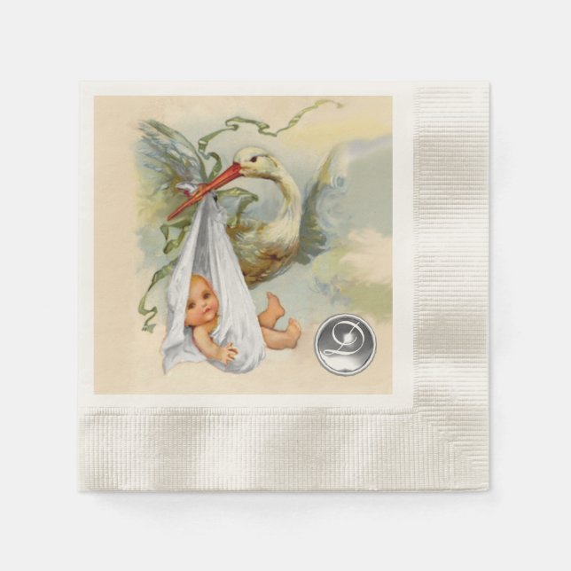 NEUTRAL WHITE STORK BABY DUSCHE GEMSTONE MONOGRAMM SERVIETTE (Vorderseite)