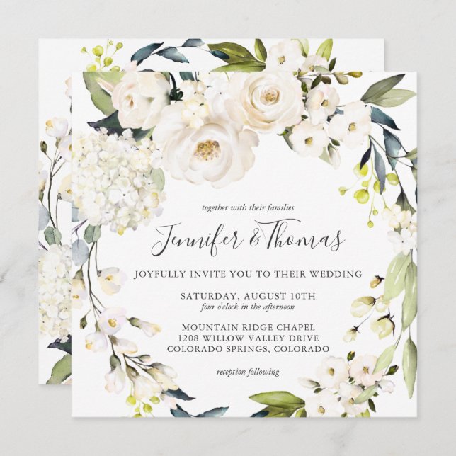 Neutral White Watercolor Floral Wreath Wedding Einladung (Vorne/Hinten)