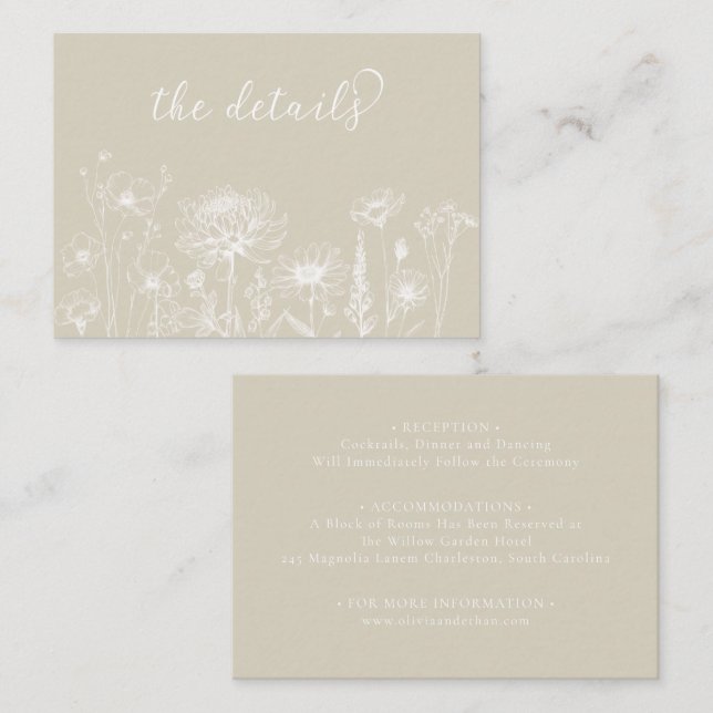 Neutral Wildflower Details Card Minimalist Wedding Begleitkarte (Vorne/Hinten)