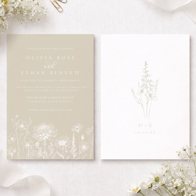 Neutral Wildflower Line Art Wedding Invitation Einladung (Wildflower Cream Wedding Invite)