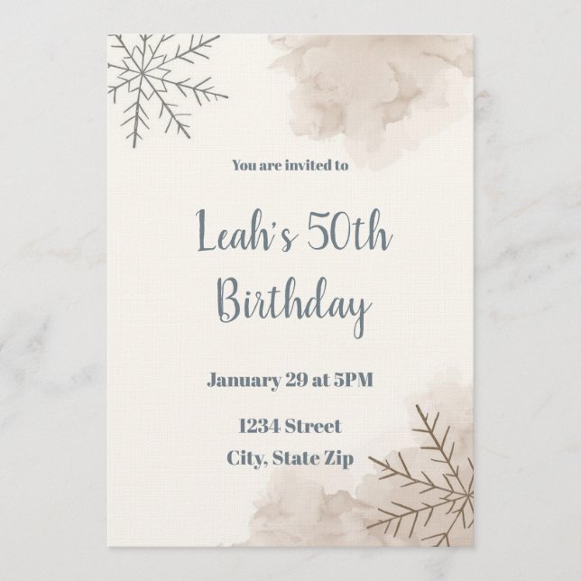 Neutral Winter 50th Birthday Invitation – Minimal Einladung (Vorderseite)