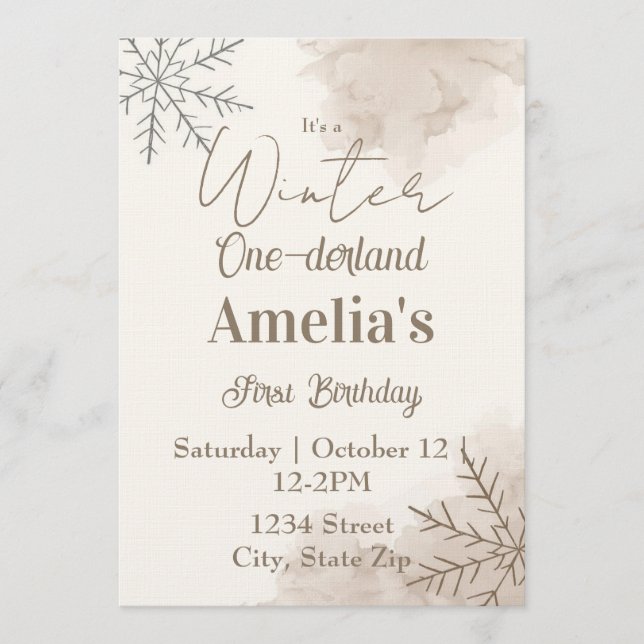Neutral Winter First Birthday Invitation – Minimal Einladung (Vorderseite)
