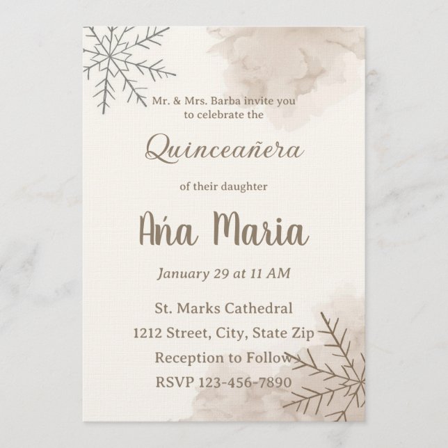 Neutral Winter Quinceañera Invitation – Minimalist Einladung (Vorderseite)