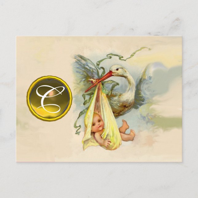 NEUTRAL YELLOW STORK BABY SHOWER GEMSTONE MONOGRAM EINLADUNGSPOSTKARTE (Vorderseite)
