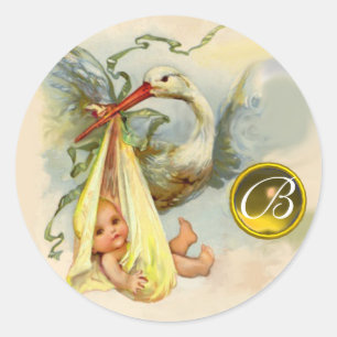 NEUTRAL YELLOW STORK BABY SHOWN GEMSTONE MONOGRAM RUNDER AUFKLEBER