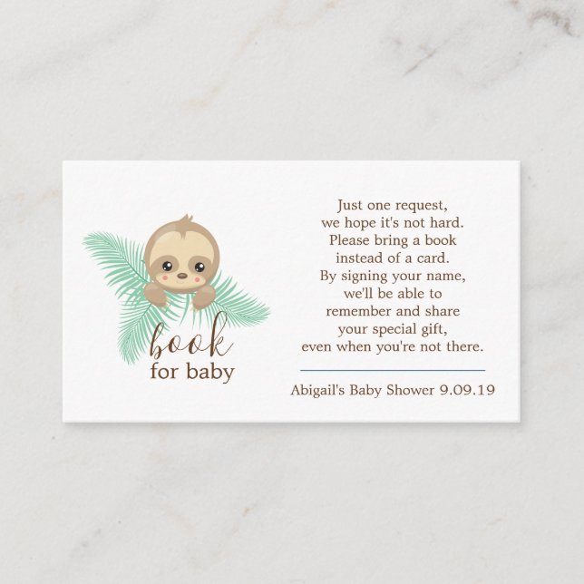 Neutrale Baby Sloth Book Request Baby Dusche Begleitkarte (Vorderseite)