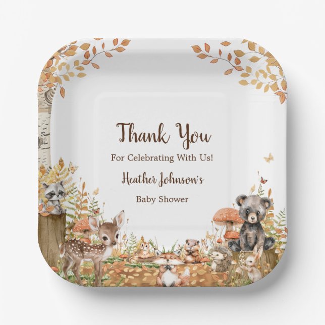 Neutrale Babydusche aus rustikalem Wald Pappteller (Vorderseite)