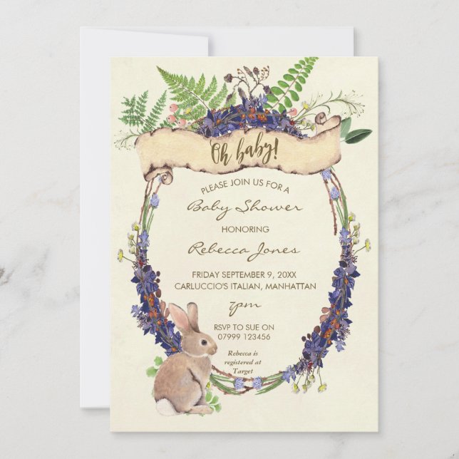 neutrale Babydusche Einladung Waldkaninchen (Vorderseite)
