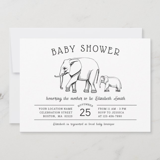 Neutrale Babydusche für moderne Elefanten Einladung (Vorderseite)