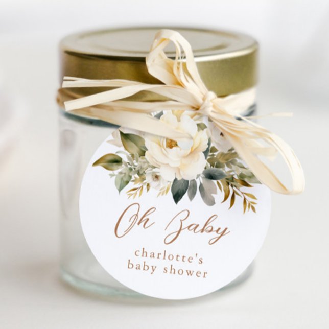 Neutrale Babydusche für Vintage Babytragen Runder Aufkleber (Oh baby floral baby shower favor tags.
)