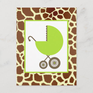 Neutrale Babydusche Green Carriage & Giraffe Print Einladung