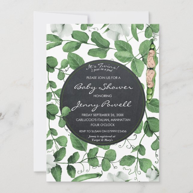 neutrale Babydusche lädt Zwillinge Erbsen in einer Einladung (Vorderseite)