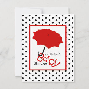 Neutrale Babydusche - Red Umbrella & Polka Dots Einladung