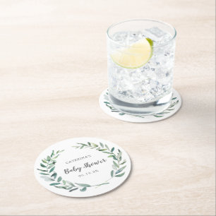 Neutrale Babydusche Rustikaler Grünkranz Runder Pappuntersetzer