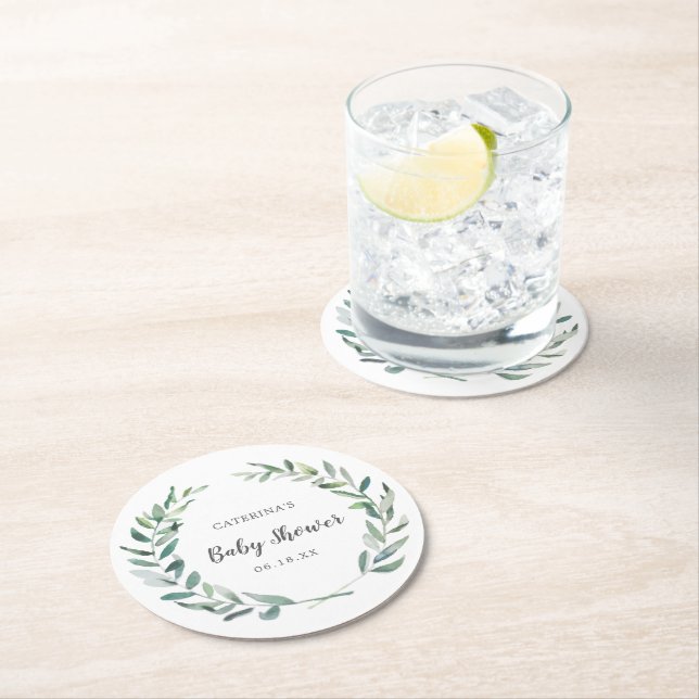 Neutrale Babydusche Rustikaler Grünkranz Runder Pappuntersetzer (Vor Ort)